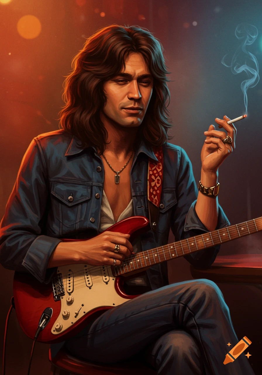 Illustration of a man with long hair, smoking a cigarette while sitting with a red guitar.