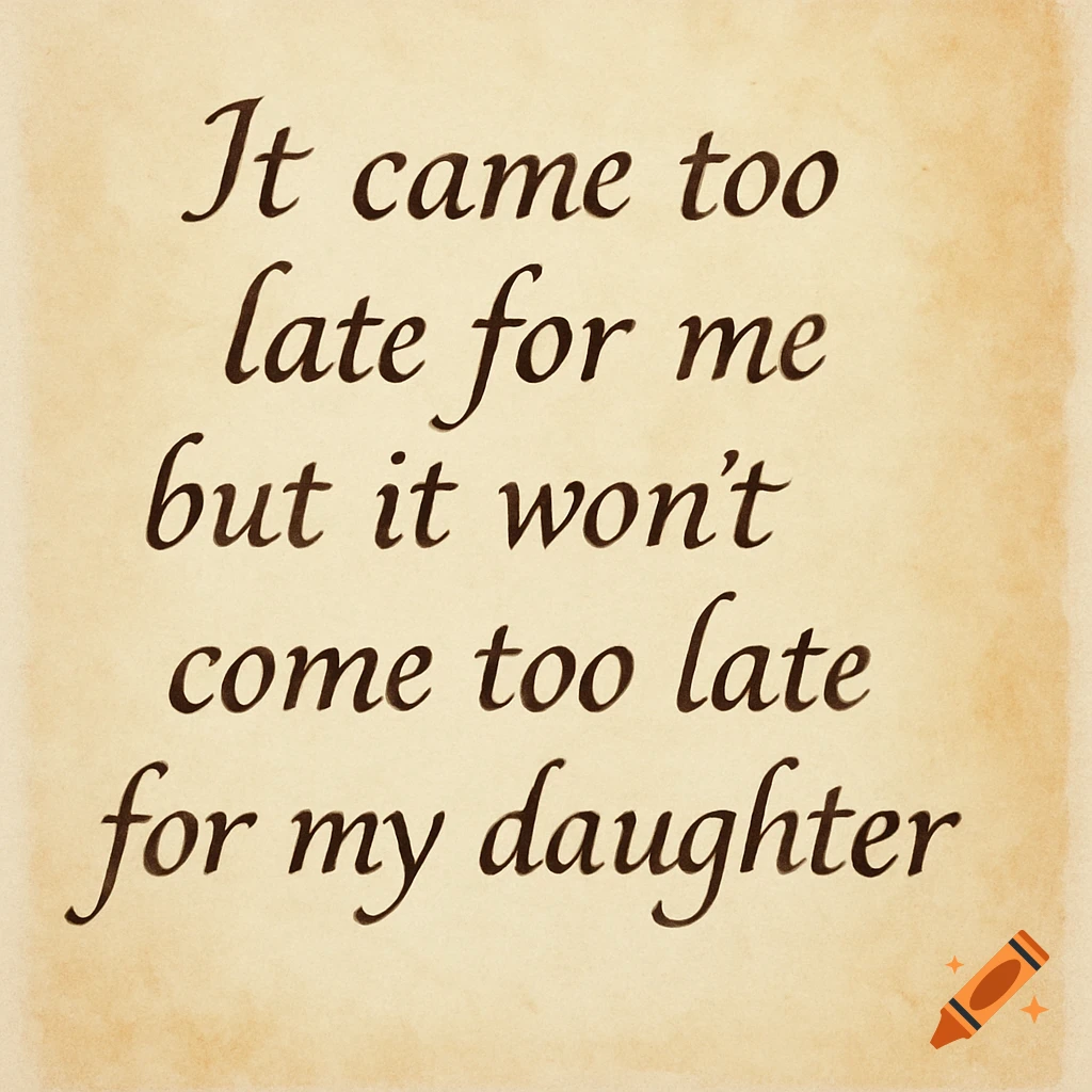 Quote 'It came too late for me but it won't come too late for my daughter' on aged paper.
