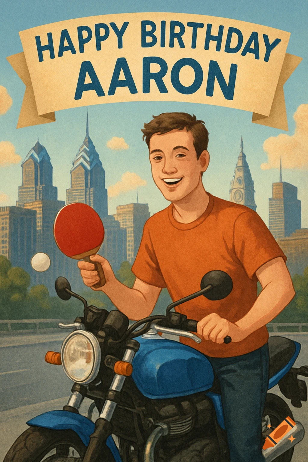 Illustration of a young man on a blue motorcycle in Philadelphia, holding a ping pong paddle, with a birthday banner.