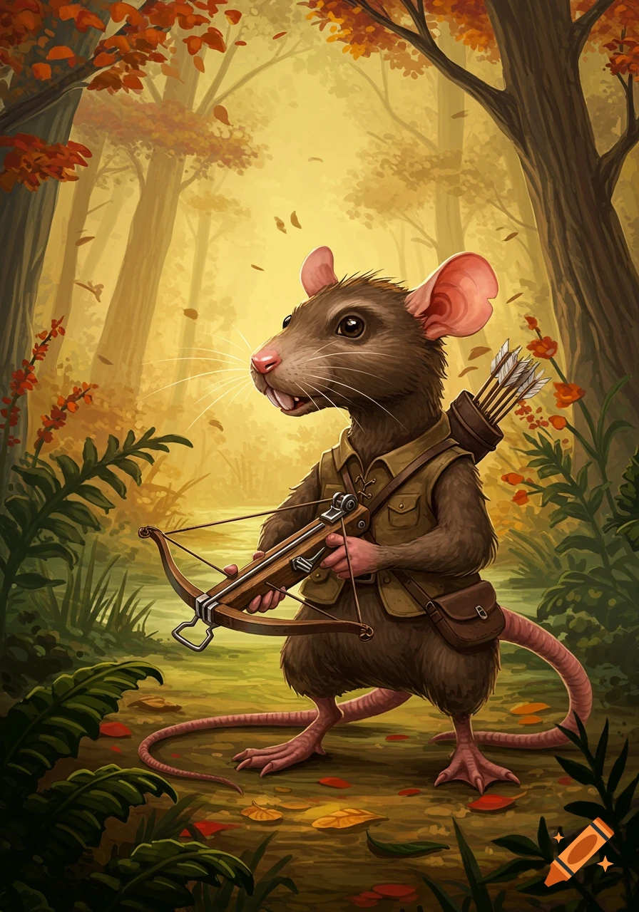 Humanoid rat with a crossbow and quiver stands in an autumn forest, illustration.