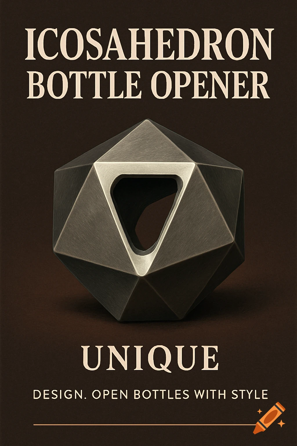 Promotional poster for an icosahedron bottle opener with text