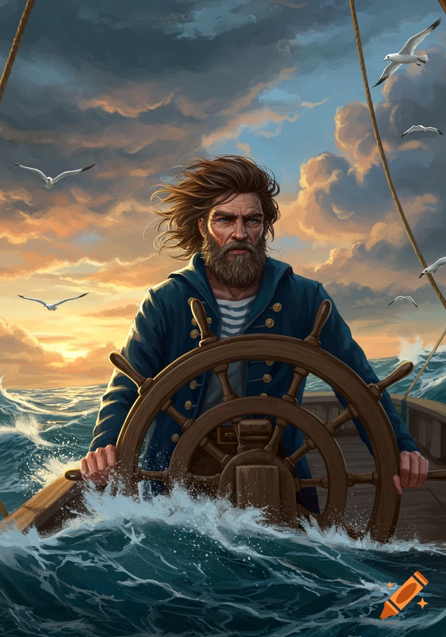 Bearded captain steers ship through waves at sunset. Digital painting.