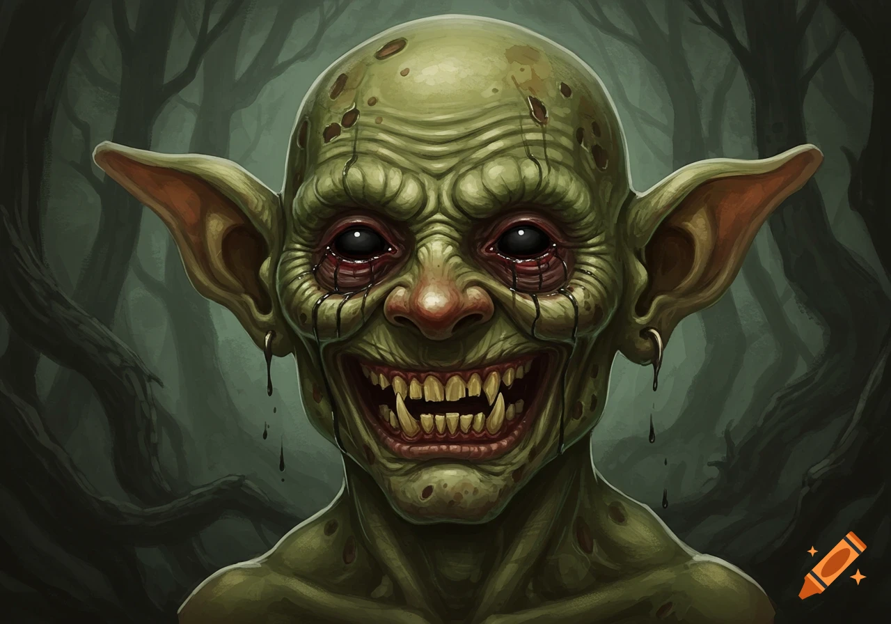 Close-up portrait of a green goblin-like creature with dripping dark eyes and sharp teeth in a misty forest.
