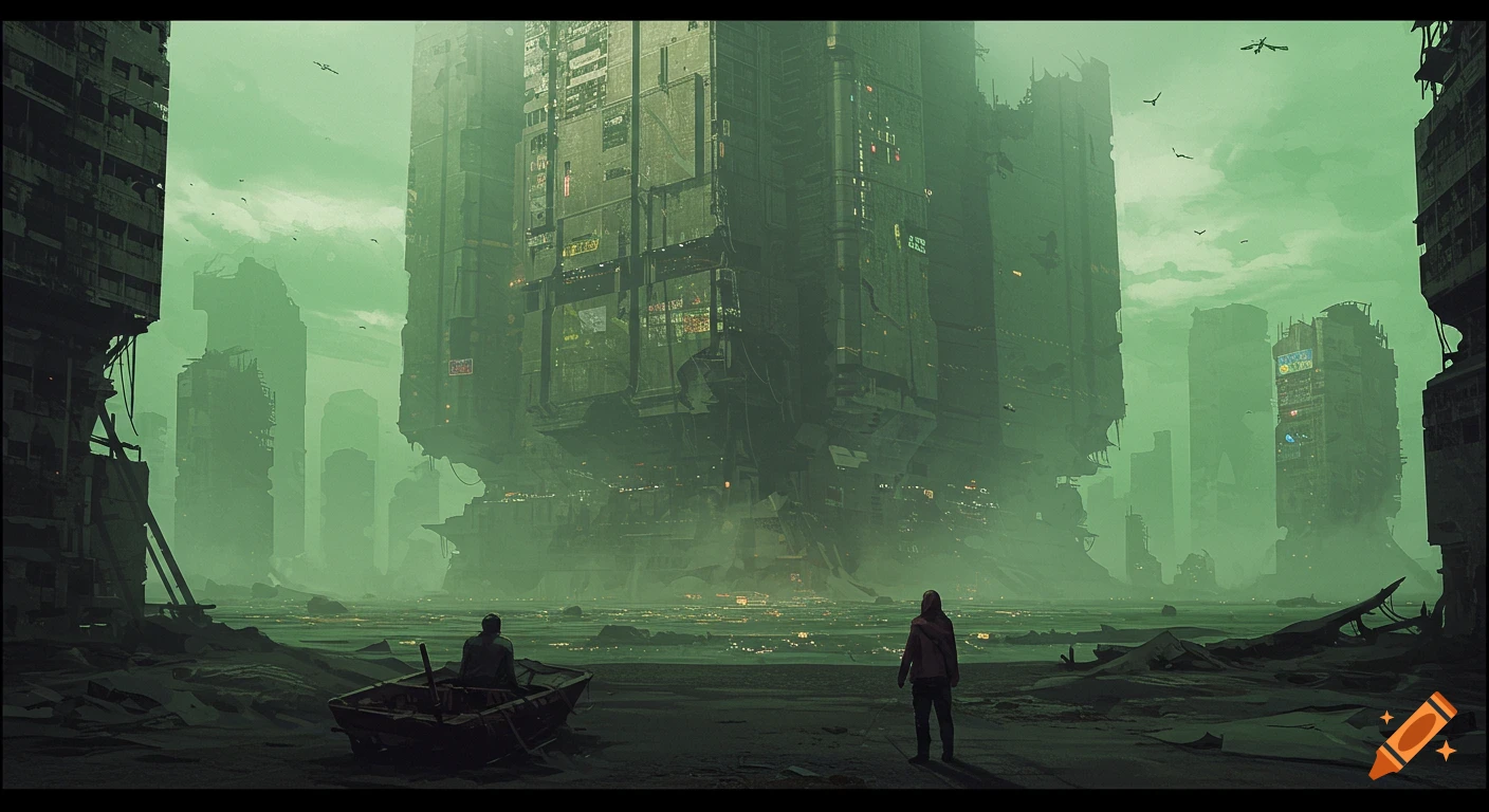 Two figures look across water towards a vast, ruined futuristic city under a hazy green sky.
