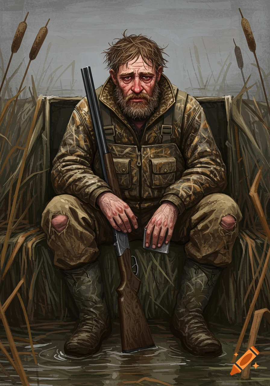 A sad-looking man in camouflage sits with a rifle in a duck blind.