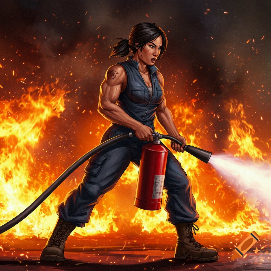 Strong female firefighter battles a large fire with an extinguisher, stylized illustration.