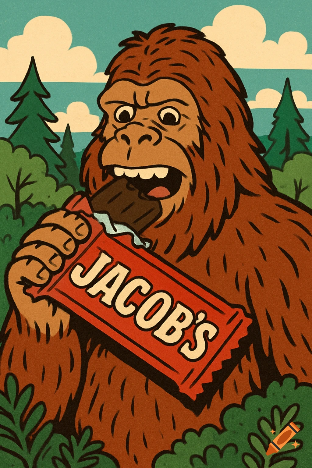 Cartoon Bigfoot eating a chocolate bar labeled 'Jacob's' in a forest.