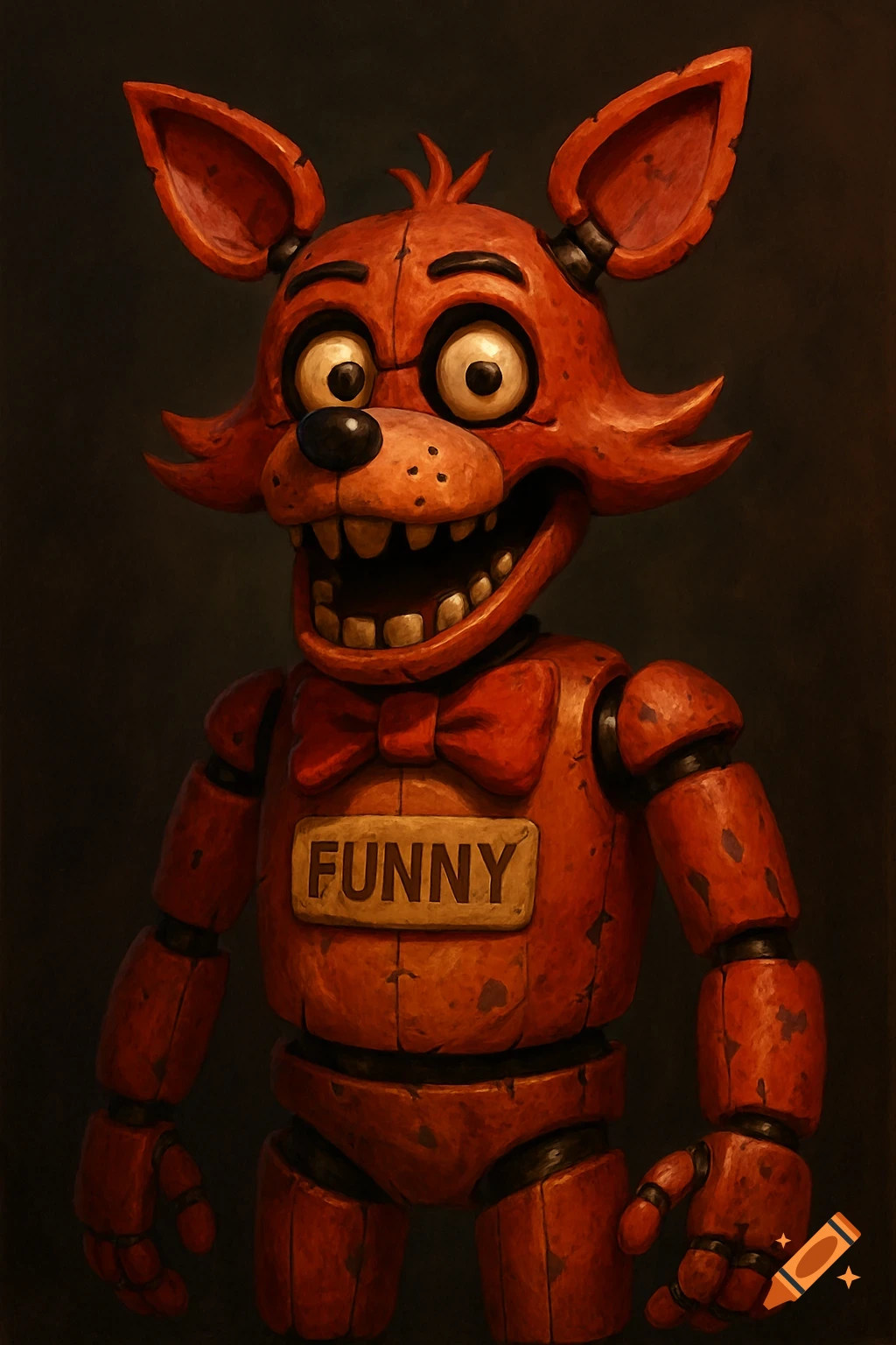 A red animatronic fox character with big eyes and a wide grin, wearing a bow tie and a tag on its chest that reads "FUNNY". The image has a painted texture.