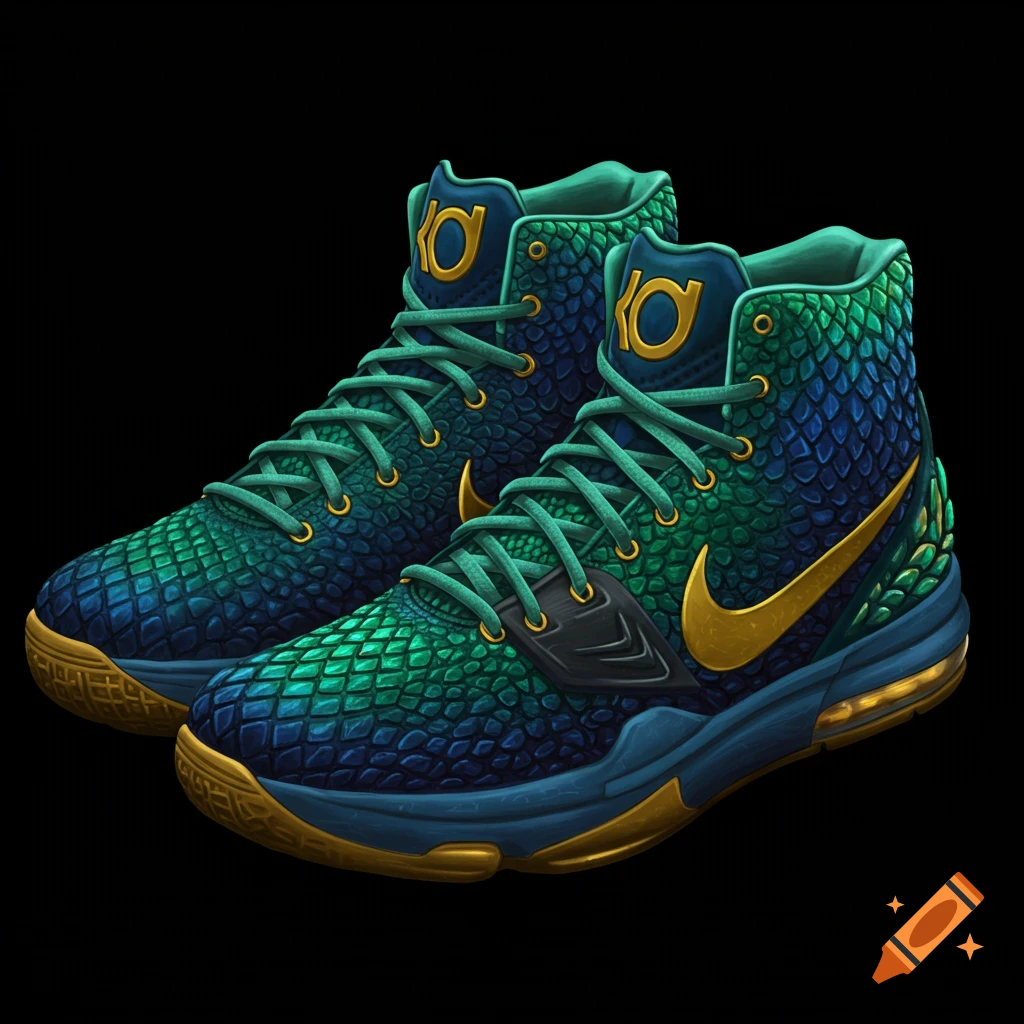 Pair of high-top sneakers with blue and green scale texture and gold accents on a black background.
