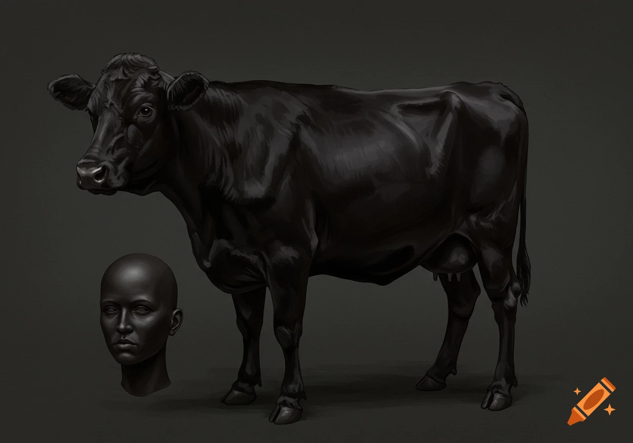 A realistic illustration of a black cow standing next to a bald black human head.