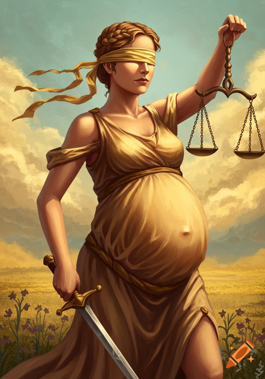 Illustration of pregnant blindfolded Lady Justice holding scales and a sword in a field.