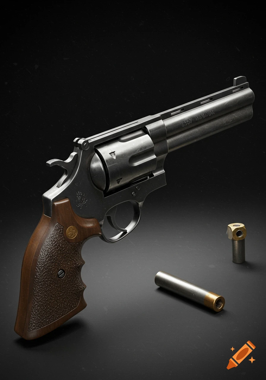 A detailed view of a silver revolver with a brown grip lying on a dark surface with a bullet nearby.