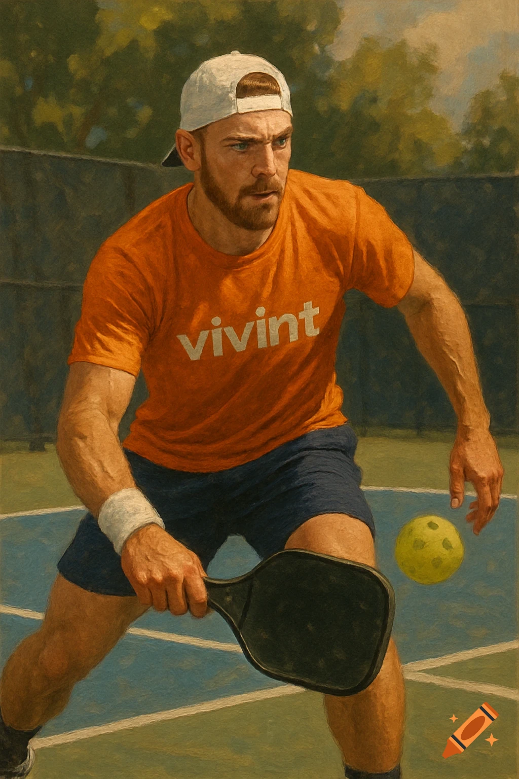 Man in orange shirt and white hat playing pickleball on a court, painterly style.