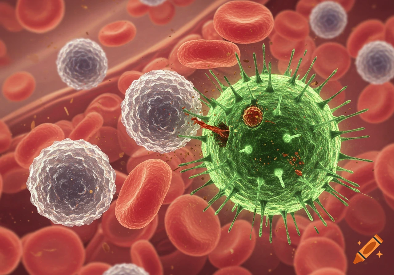 Microscopic view of white blood cells attacking a green virus among red blood cells.