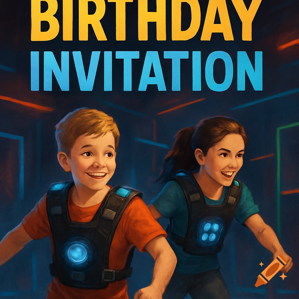 Two children wearing laser tag vests with the text 'BIRTHDAY INVITATION' above them.