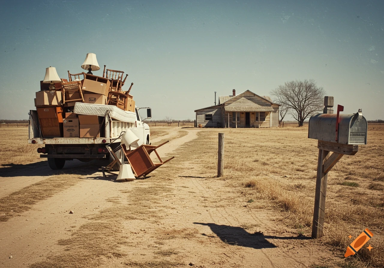 A vintage photo of a loaded moving truck, old house, and mailbox in a dry rural landscape under a clear sky.