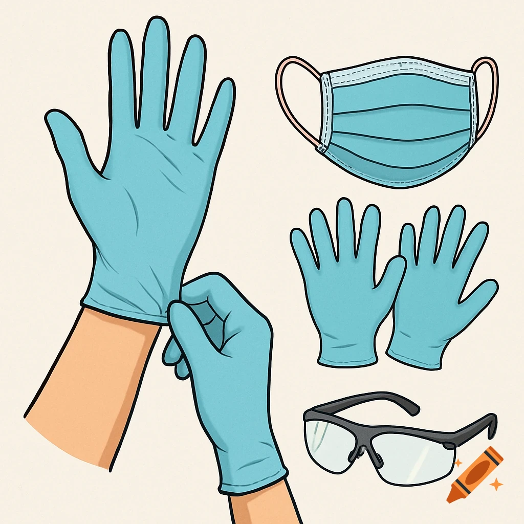 Illustration of hands putting on blue gloves, a medical mask, and safety glasses.