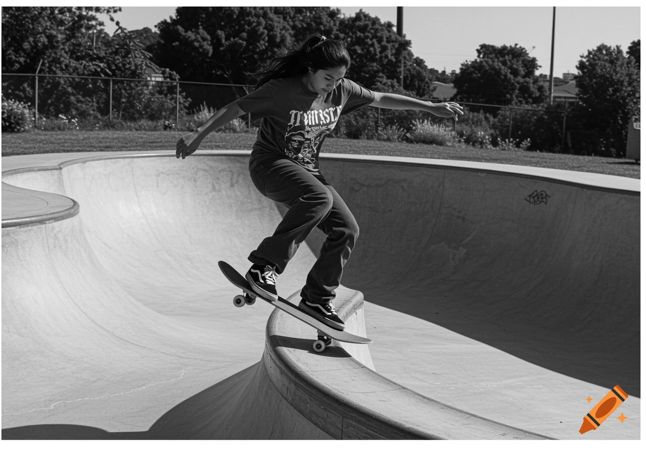 A Latina girl skateboarder in black and white photo grinding the coping of a pool.