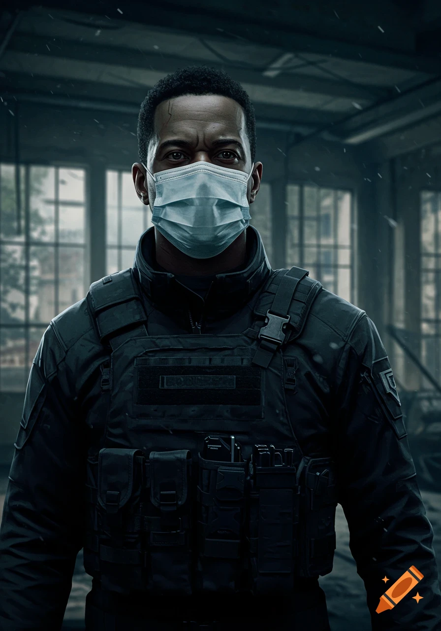 A person wearing a tactical vest and medical mask in a dark, atmospheric setting.