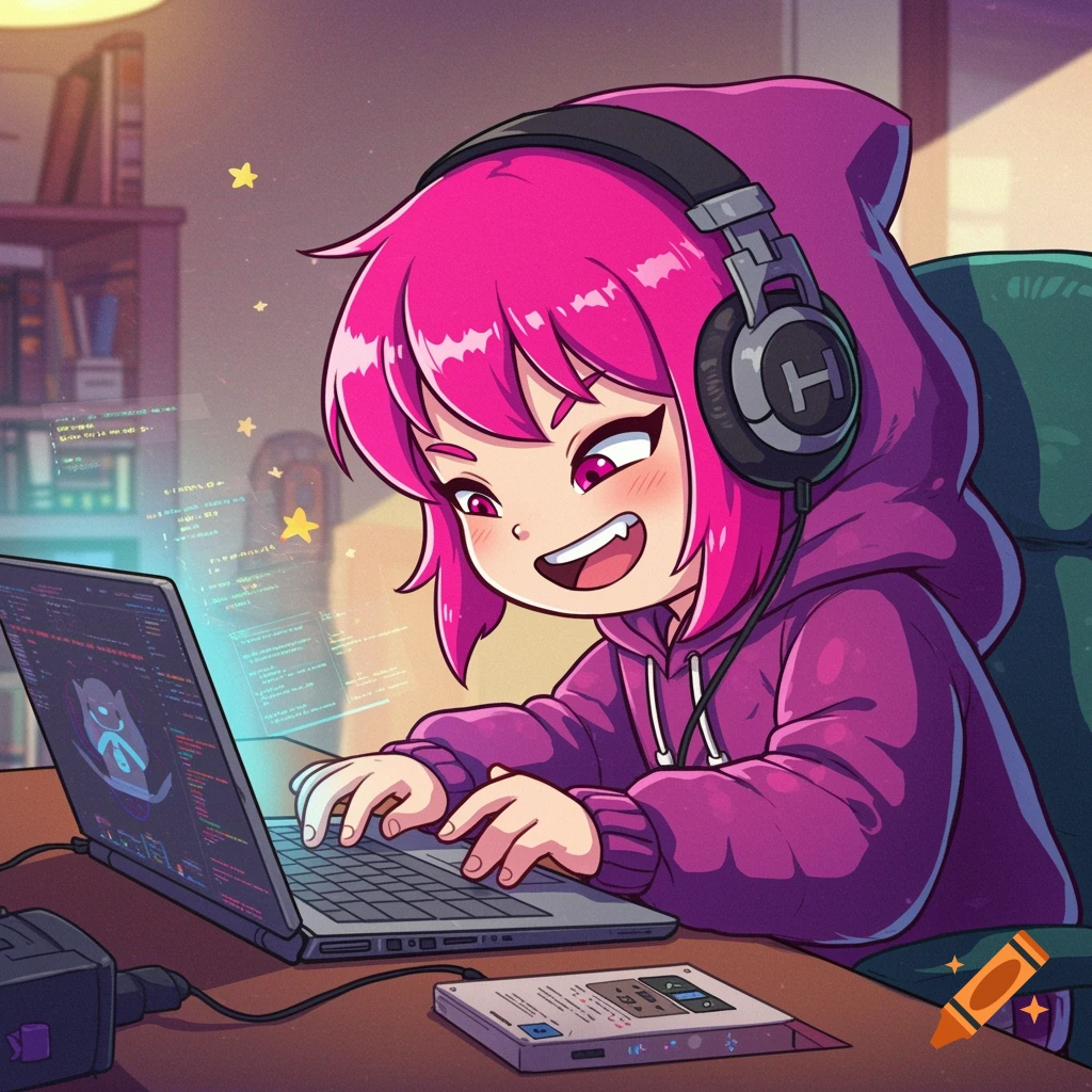 A cartoon character with pink hair and purple hoodie wears headphones and types on a laptop showing code.