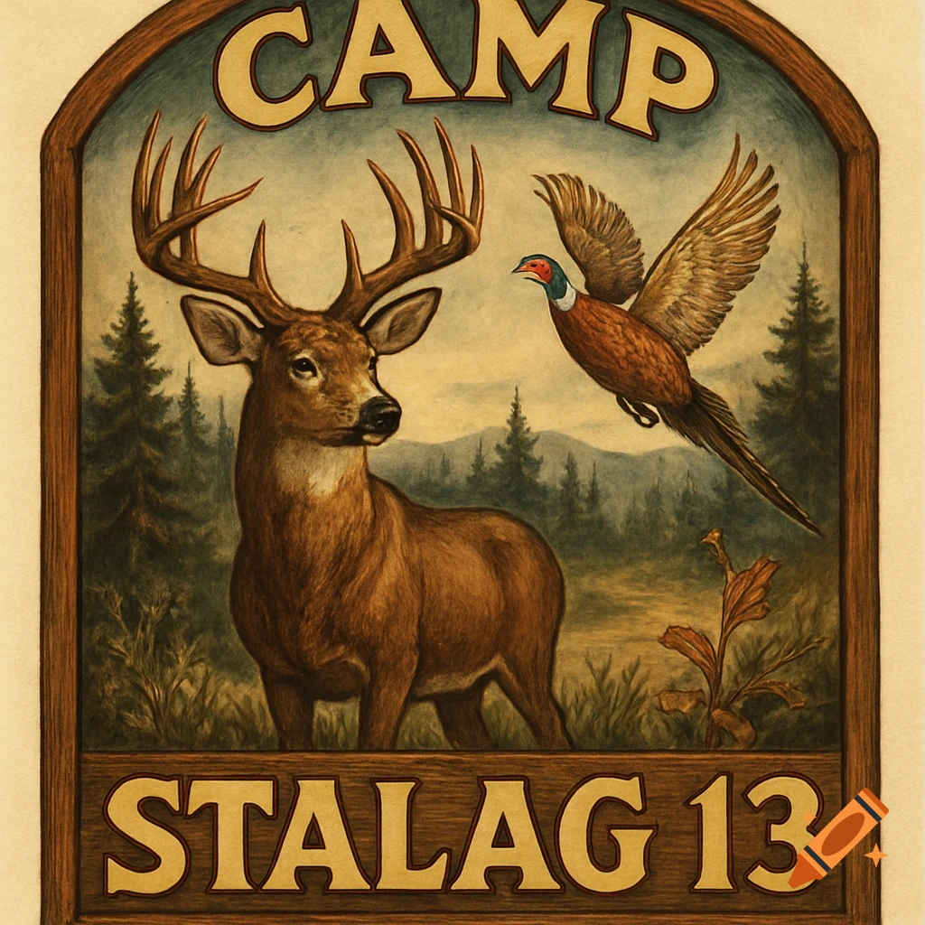 Vintage illustration of a deer and pheasant in a forest with text 'CAMP STALAG 13'