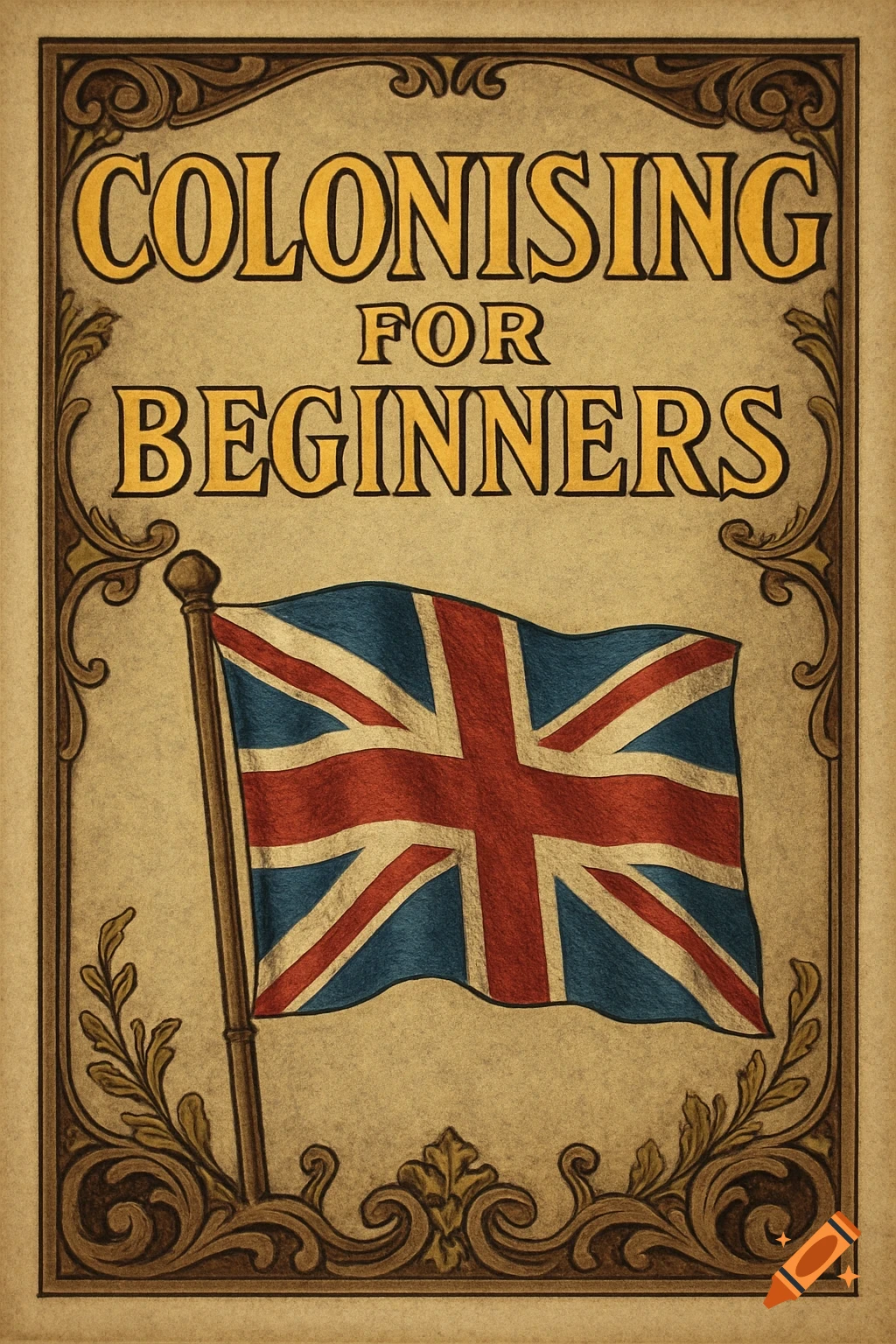 Edwardian style book cover for 'Colonising for beginners' with a Union Jack flag.
