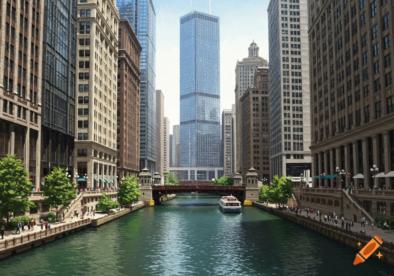 Artwork of the Chicago River with boats, tall buildings, and people walking along the riverwalk.