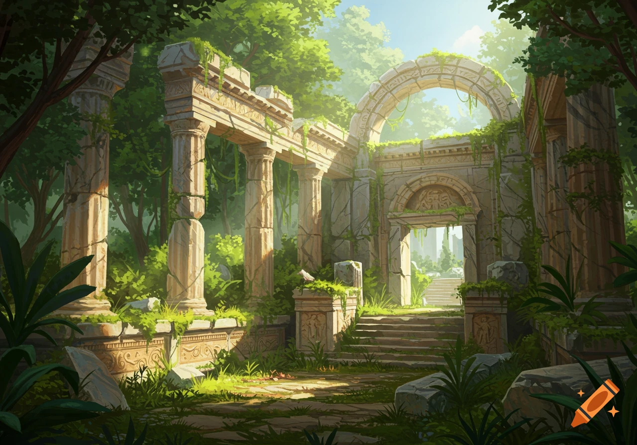 Ancient ruins covered in vines in a lush forest landscape with steps and archways.