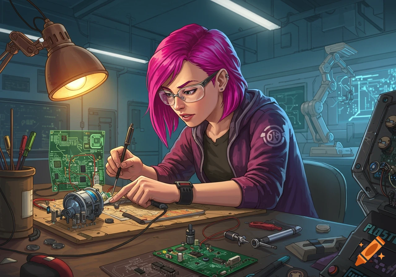 Illustrated image of a person with pink hair and glasses working on circuit boards and electronics at a workbench.