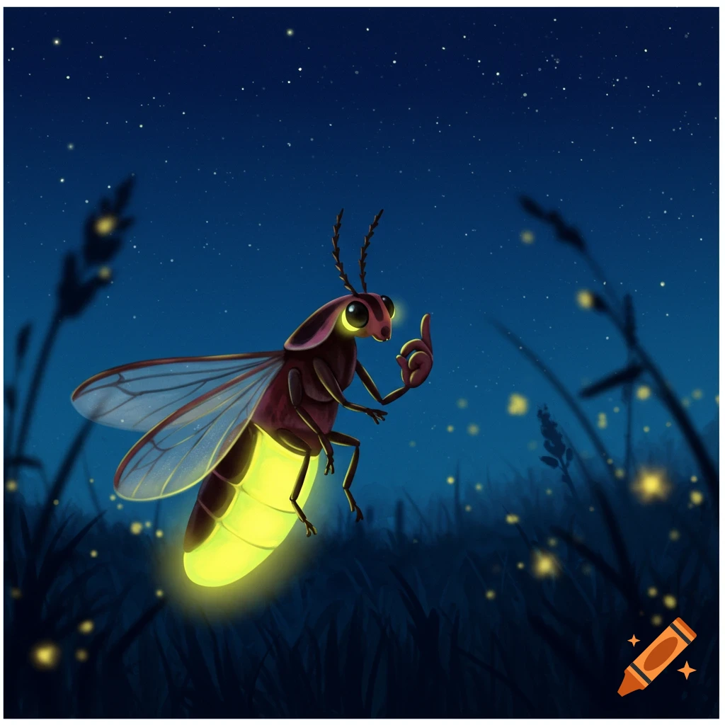 An illustration of a cartoon firefly floating at night in a field, doing the circle game hand sign.