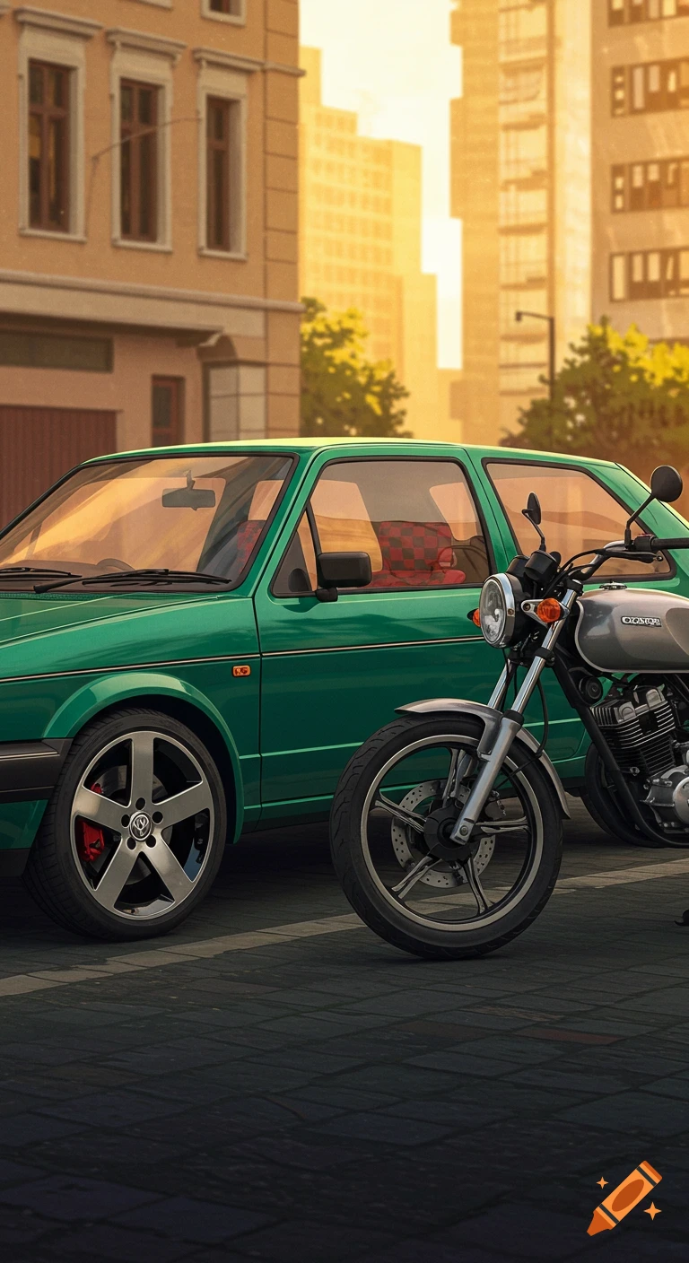 Green car and a motorcycle parked on a city street at sunset, rendered style.