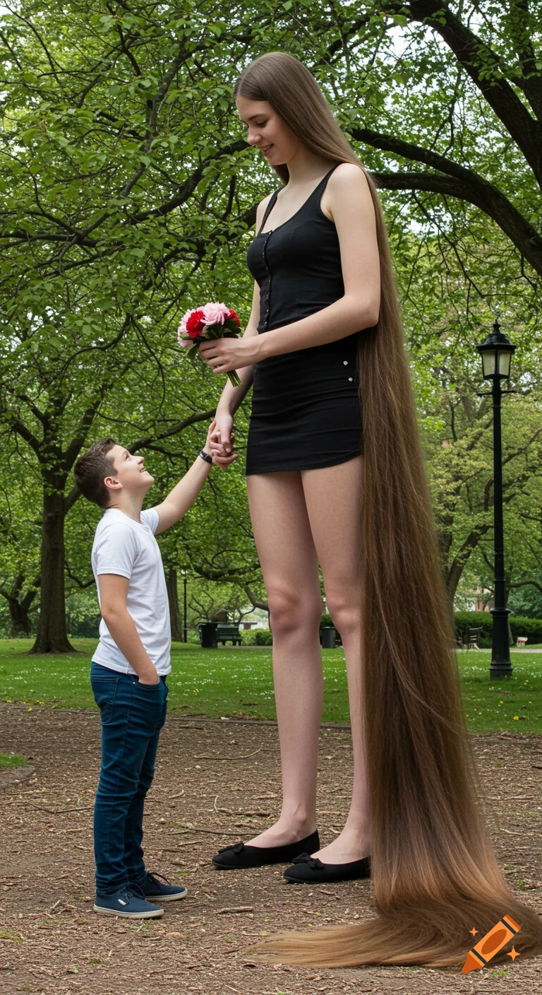 A very tall woman with extremely long hair stands with a shorter boy in a park.