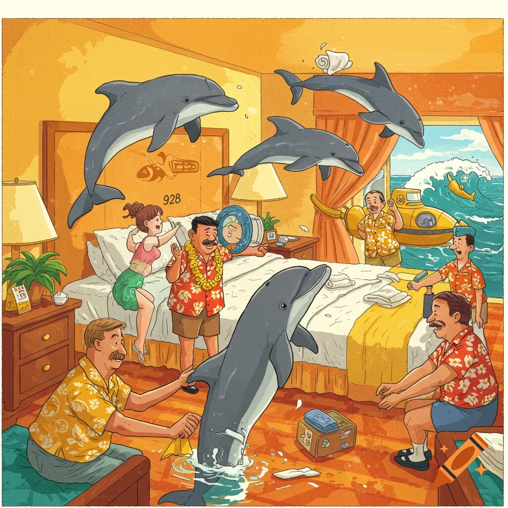 Humorous illustration of dolphins flooding a hotel room, with people reacting in surprise and a submarine visible outside a window.
