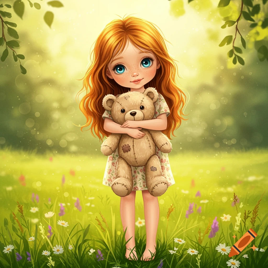A cute illustration of a girl with red hair hugging a teddy bear in a sunny field.
