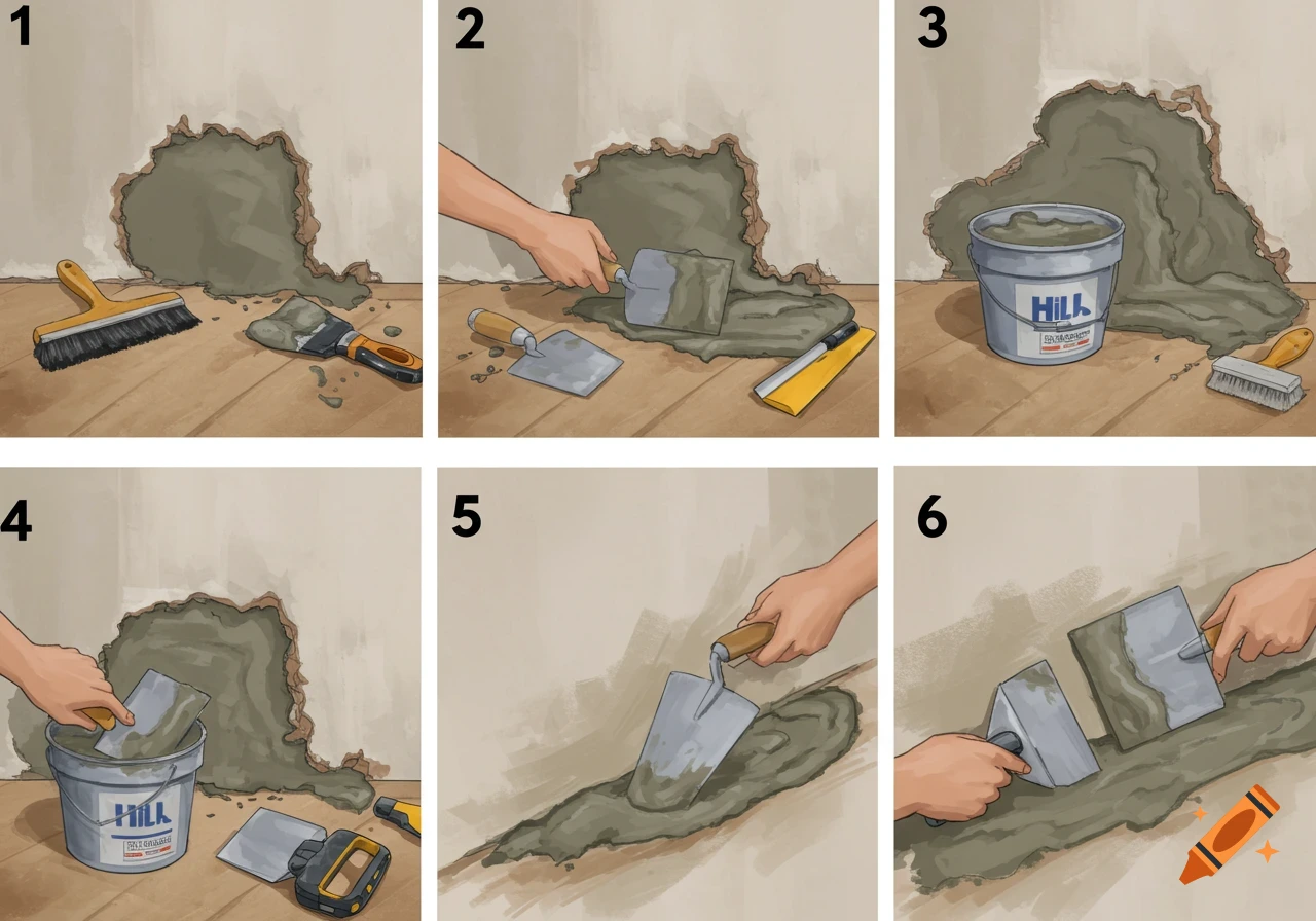 Multi-panel illustration shows step-by-step wall repair process using tools and plaster