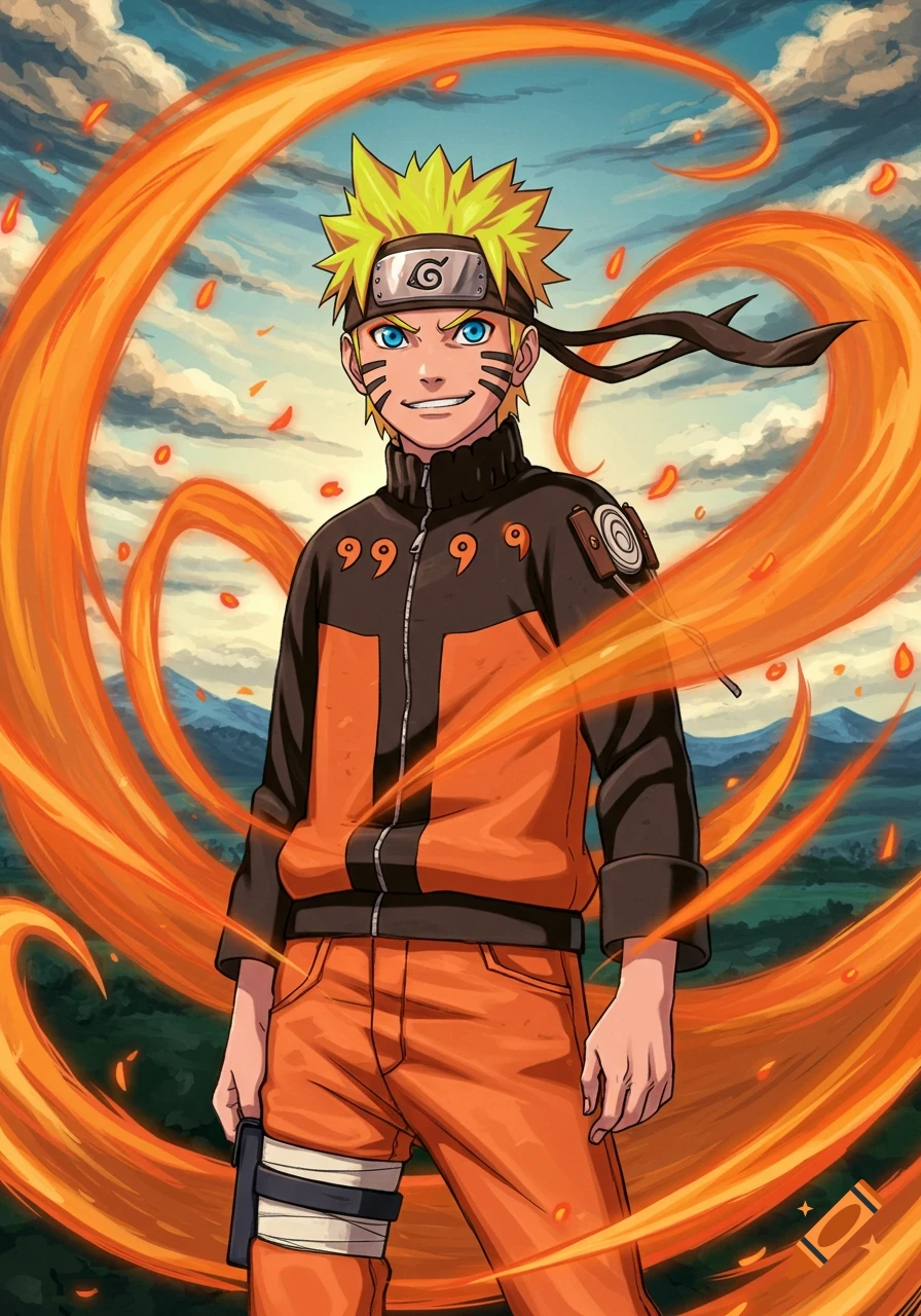 Naruto Uzumaki stands with swirling orange energy against a cloudy sky in an anime illustration.