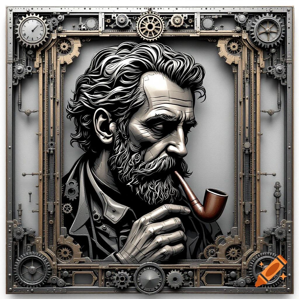 A steampunk illustration of a bearded man with a pipe in a mechanical frame with gears and clocks.