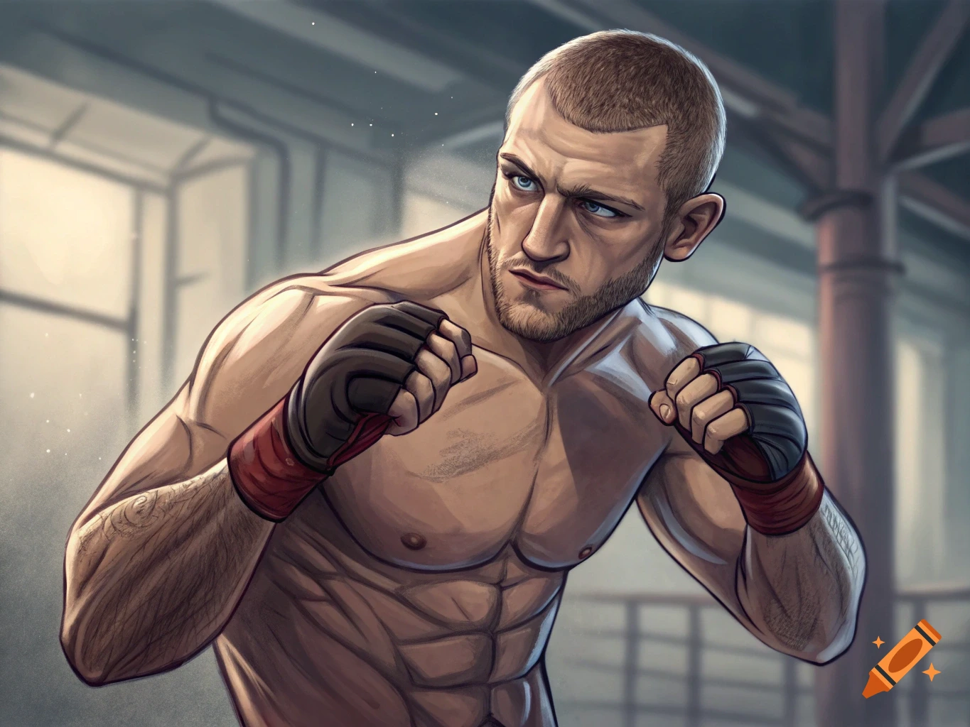 An illustration of a muscular man in MMA gloves in a fighting stance in a gym.