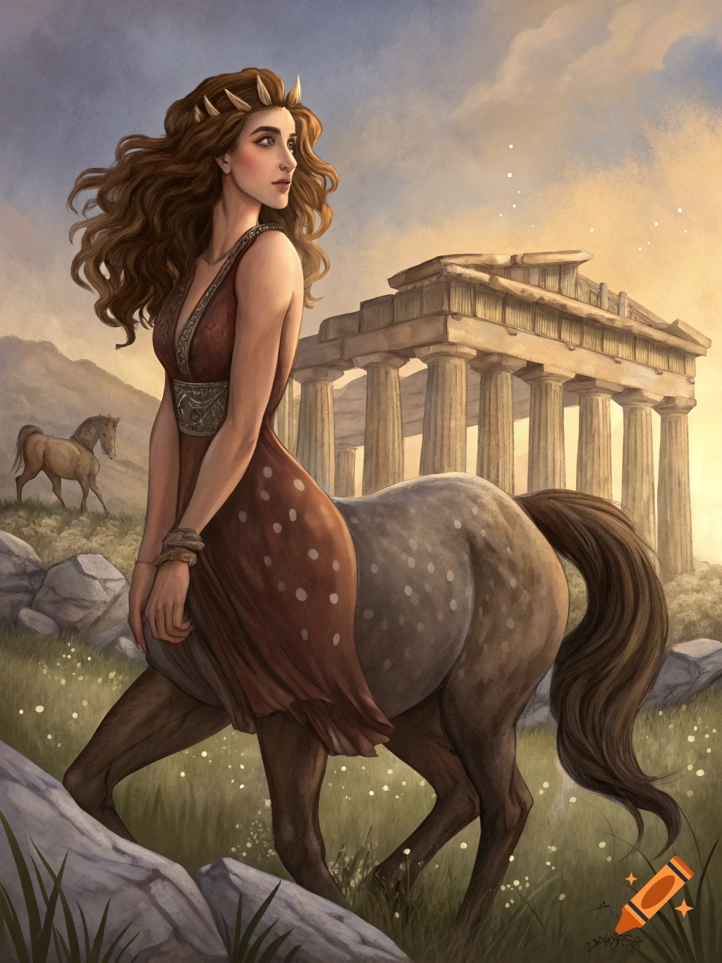 A female centaur stands in a field before classical ruins.