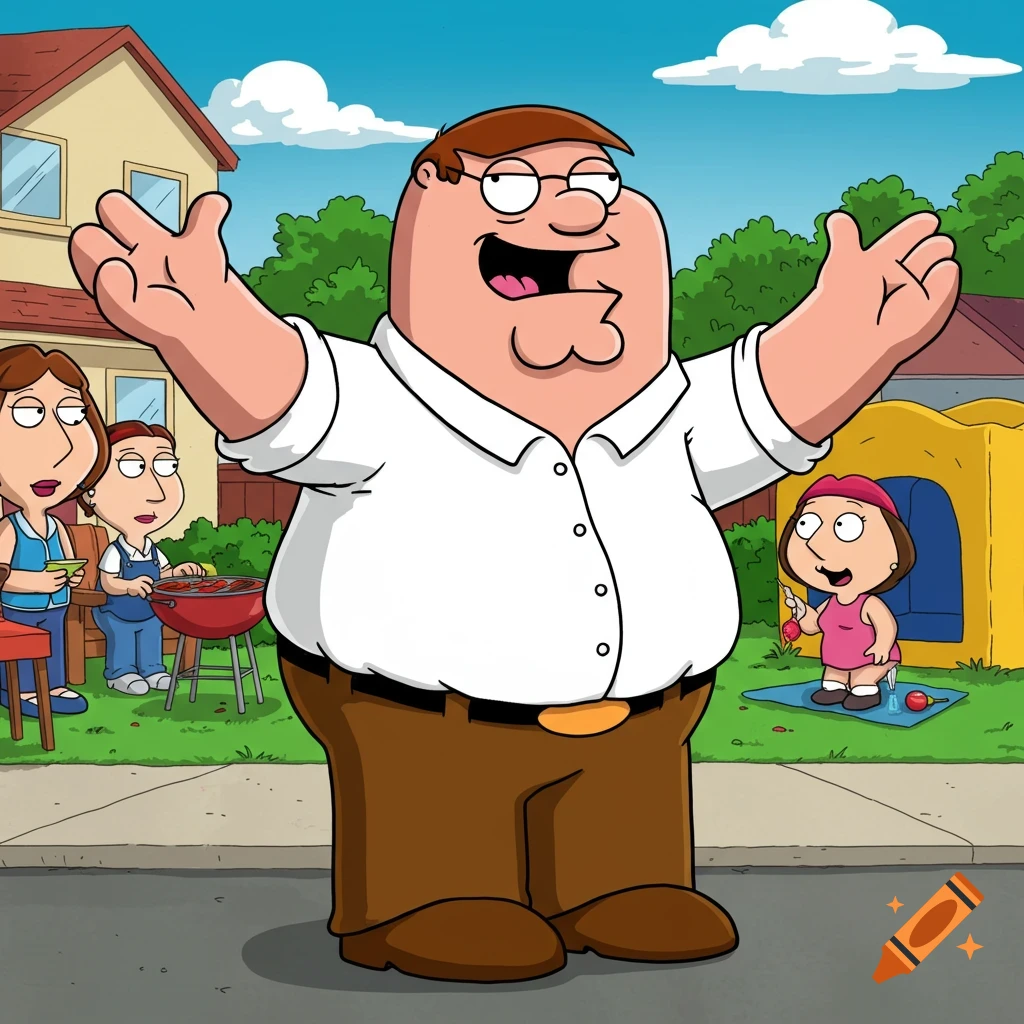 Peter Griffin stands with arms wide open in a backyard BBQ scene with Lois, Chris, and Meg in the background, in cartoon style.