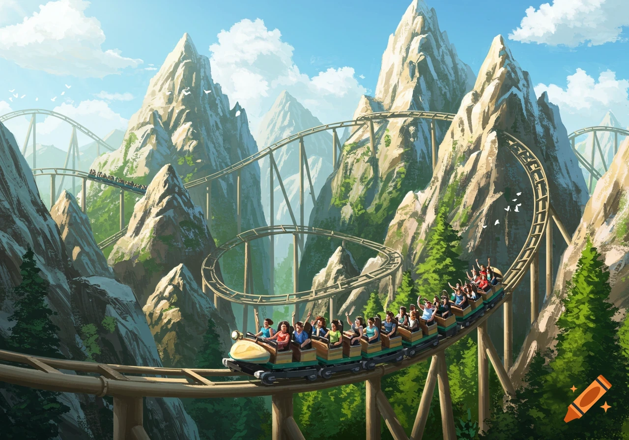 An illustration of a rollercoaster with riders winding through a mountainous landscape under a blue sky.