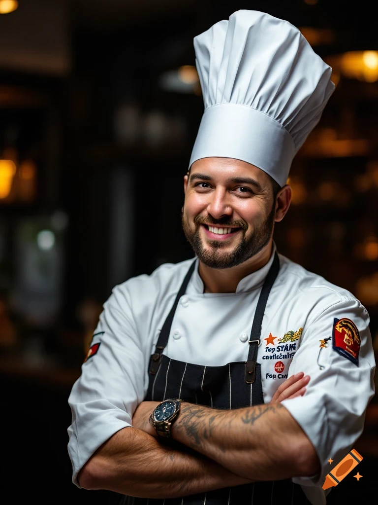 Photorealistic portrait of a smiling male chef in a white uniform and hat with crossed arms.