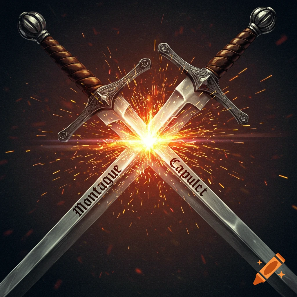 Two swords inscribed 'Montague' and 'Capulet' clashing, with sparks flying.