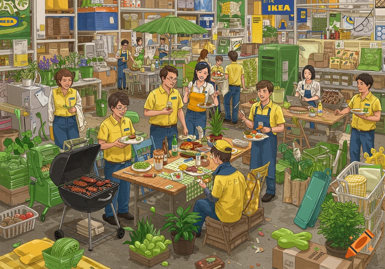 Illustration of IKEA coworkers having a BBQ party surrounded by plants and home furnishings.