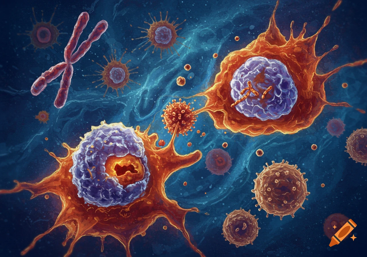 Microscopic view of biological cells, including natural killer cells, a chromosome, and viruses in a fluid.