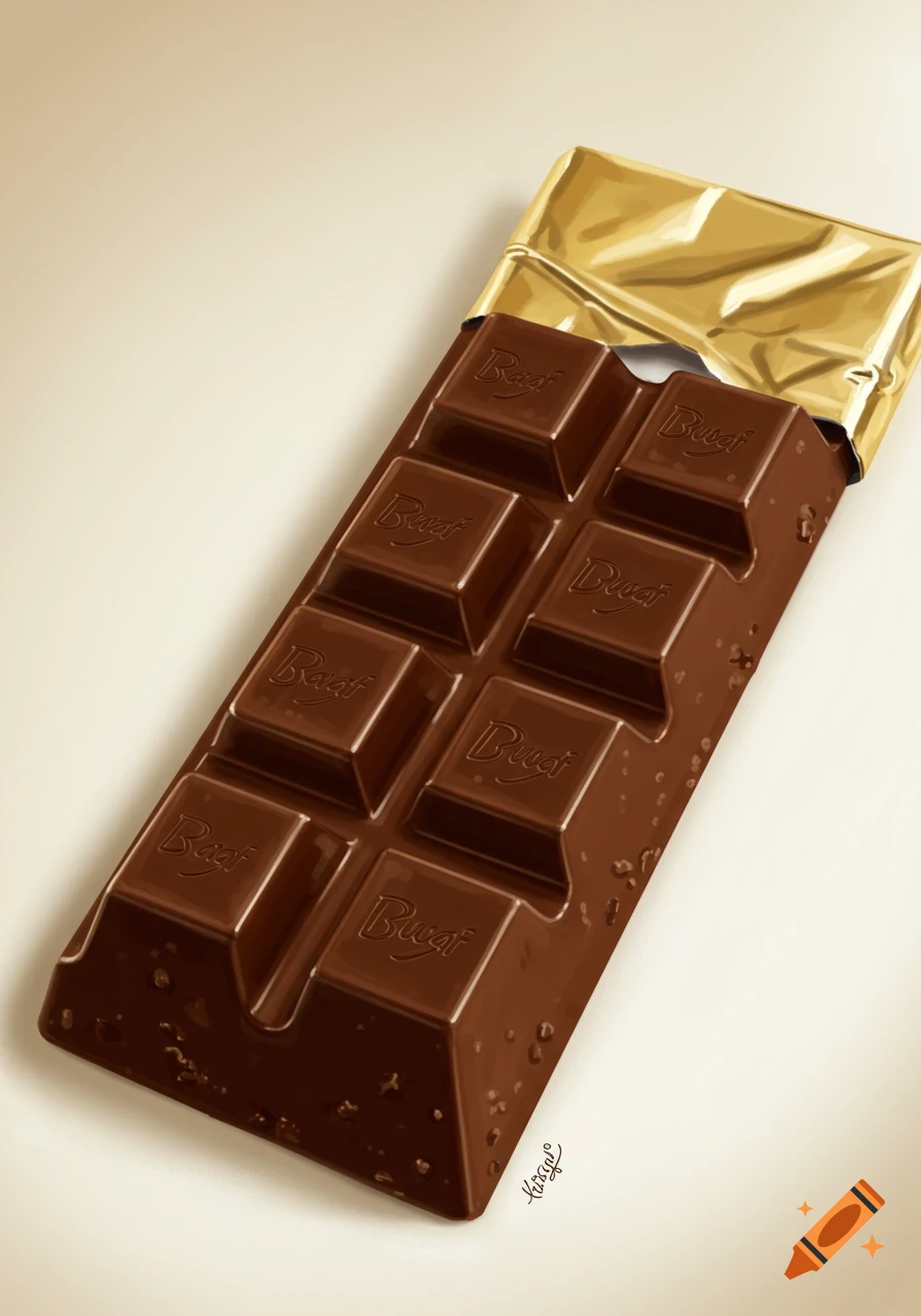 Digital illustration of a chocolate bar partially unwrapped from gold foil