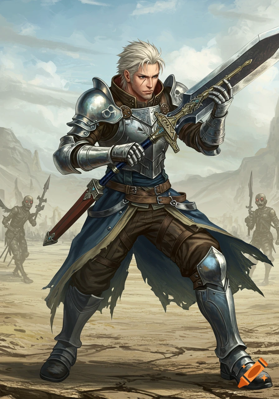Fantasy art of a knight fighting skeletons in a desert.