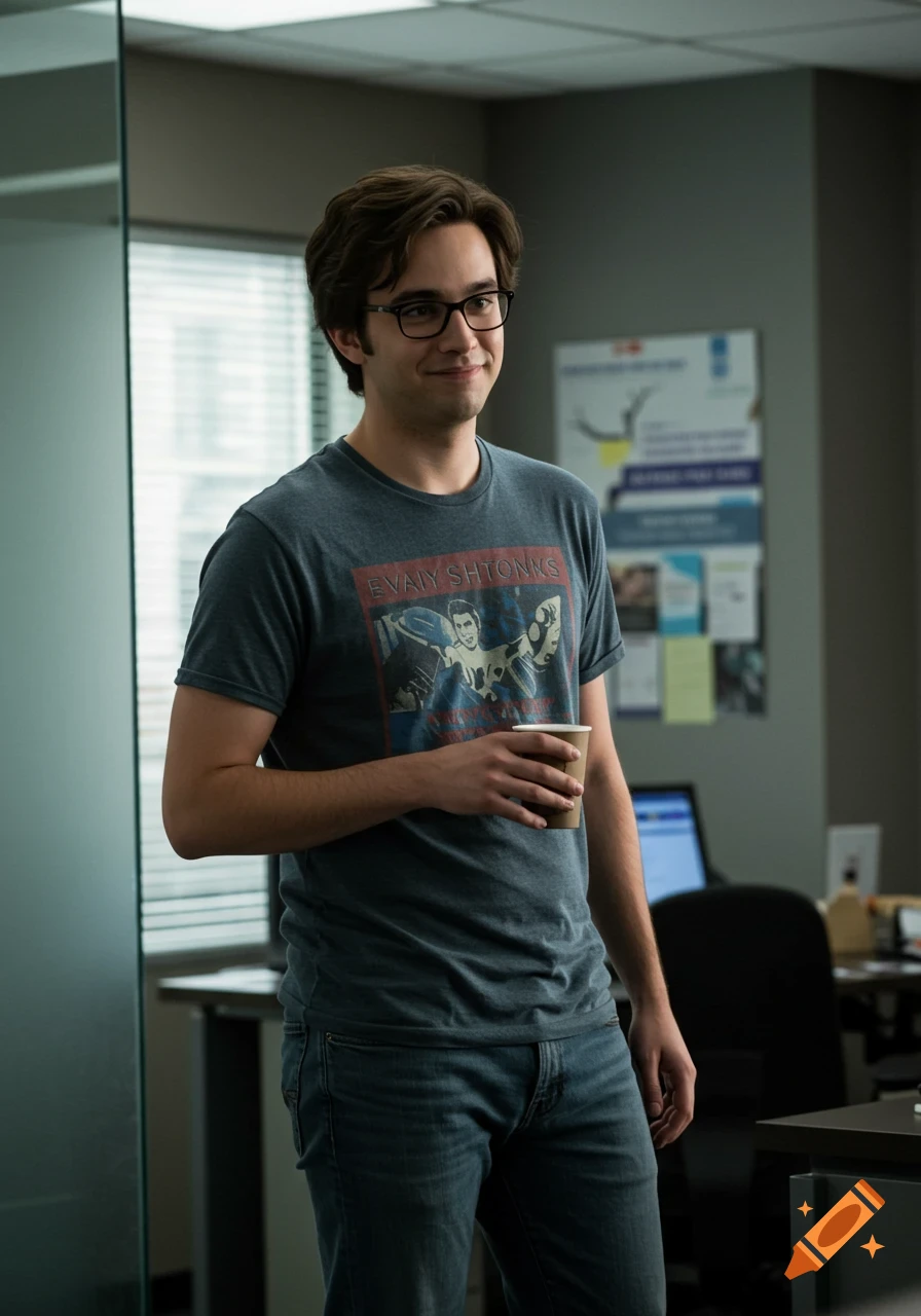 Man in glasses holding a coffee cup in an office