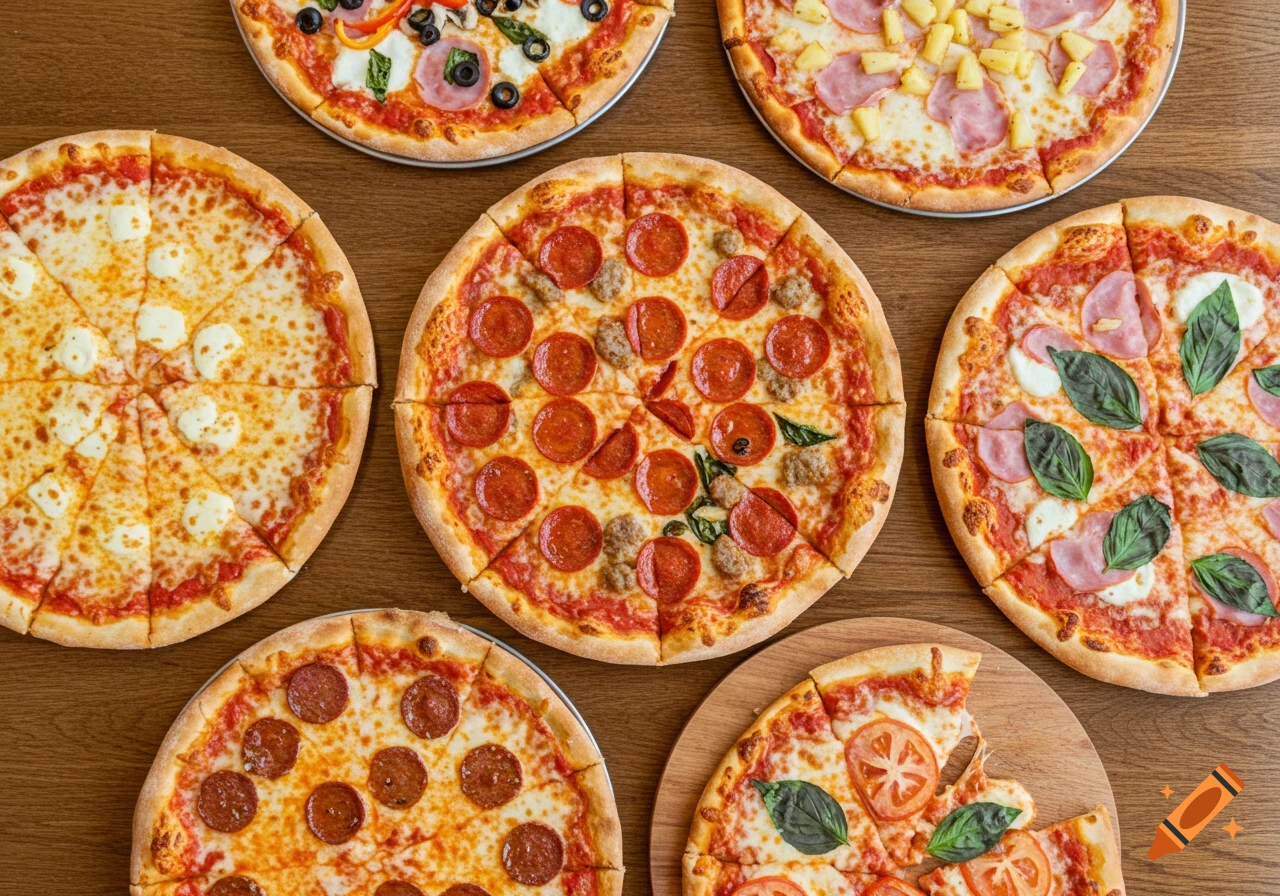A bird's eye view of six different whole pizzas on a wooden table, including cheese, pepperoni, and Hawaiian.