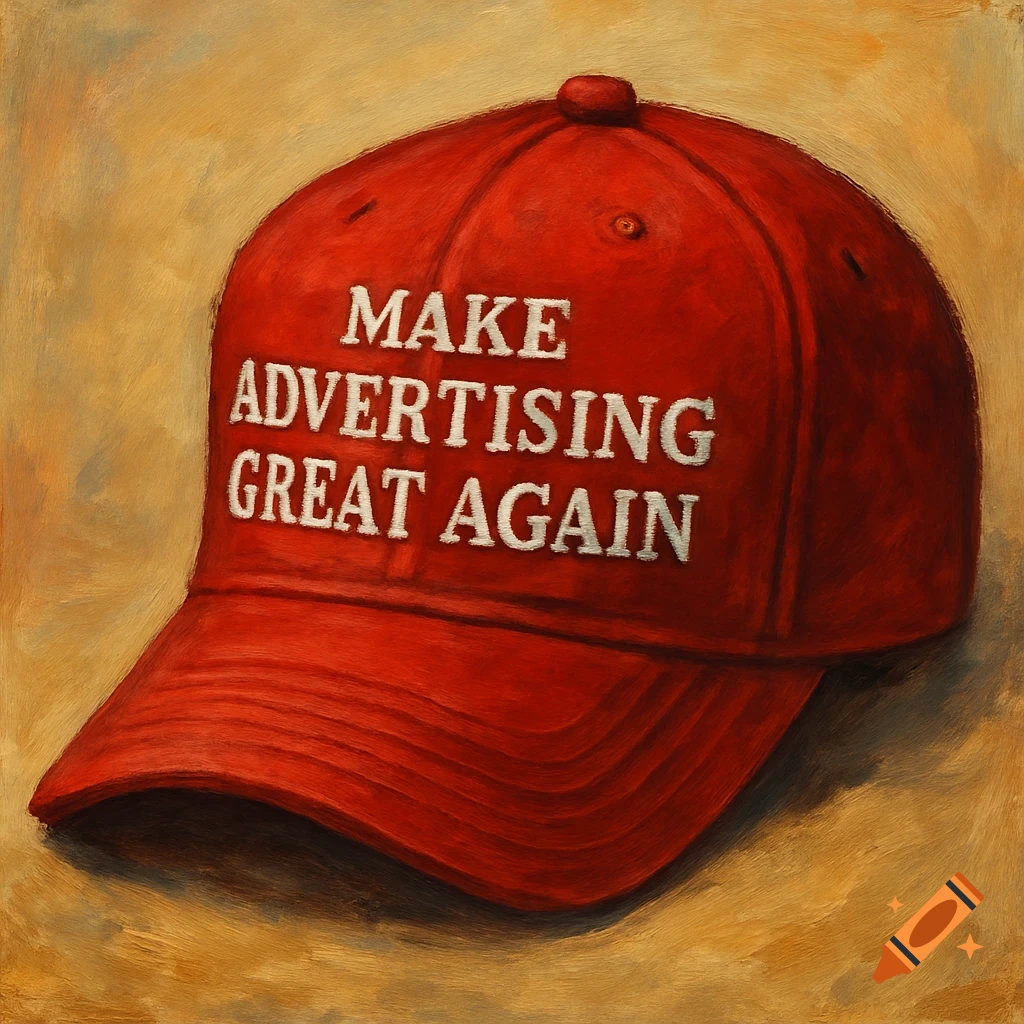 Red baseball cap with 'MAKE ADVERTISING GREAT AGAIN' in white text, rendered in a painterly style.
